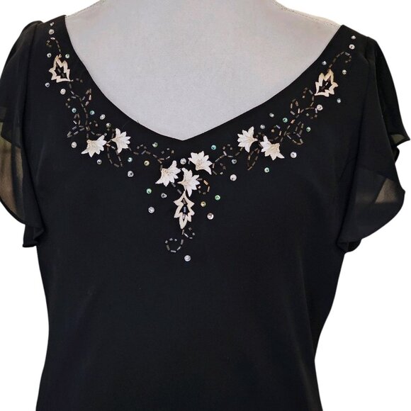 Y2K Black Midi Dress Cocktail Size 14 Assymetrical Whimsigoth Embroidered Beaded - Picture 3 of 13